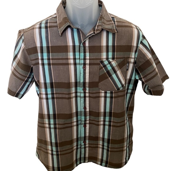 RIP CURL Brown & Blue-Green Plaid Short Sleeve Collared Shirt Men M Medium - Picture 1 of 8